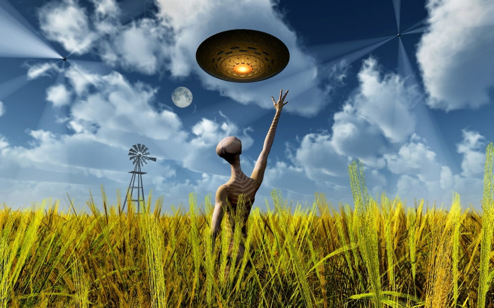 An alien being directing its spacecraft to make crop circles Canvas Art - Mark StevensonStocktrek Images (36 x 23)