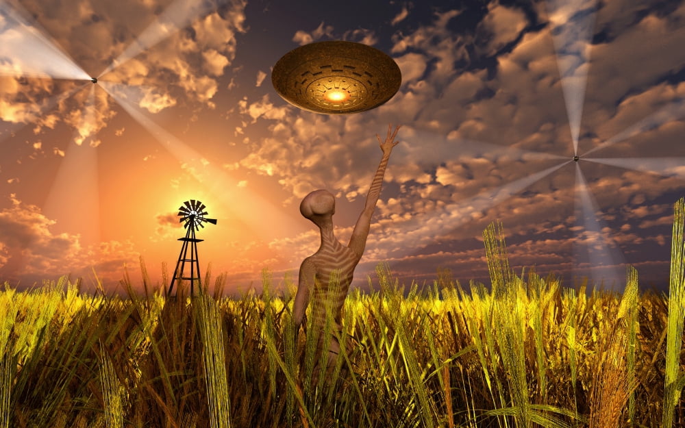 An alien being directing its spacecraft to make crop circles Canvas Art - Mark StevensonStocktrek Images (36 x 23)