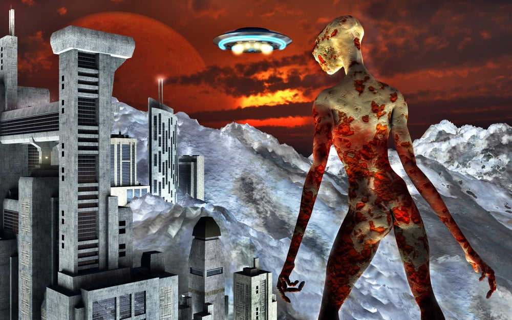 An alien being overlooks its base built into the side of a mountain on a distant ice world Canvas Art - Mark StevensonStocktrek Images (36 x 23)