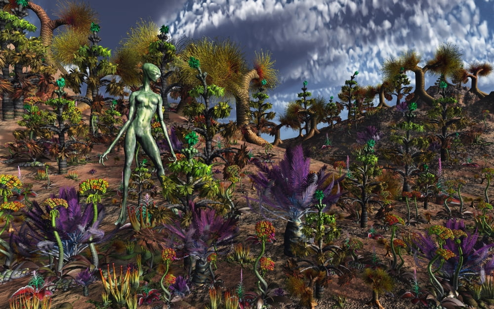 An alien being surveys the colorful landscape Canvas Art - Mark StevensonStocktrek Images (18 x 12)