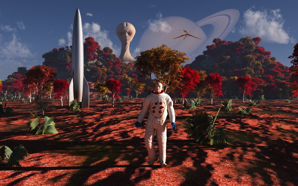 An alien being watches a human astronaut on an alien world Canvas Art - Mark StevensonStocktrek Images (36 x 23)