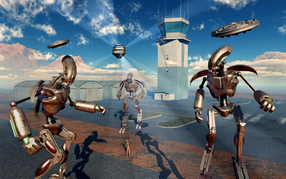 An alien being with giant robots at the Area 51 top secret base in Roswell Canvas Art - Mark StevensonStocktrek Images (36 x 23)