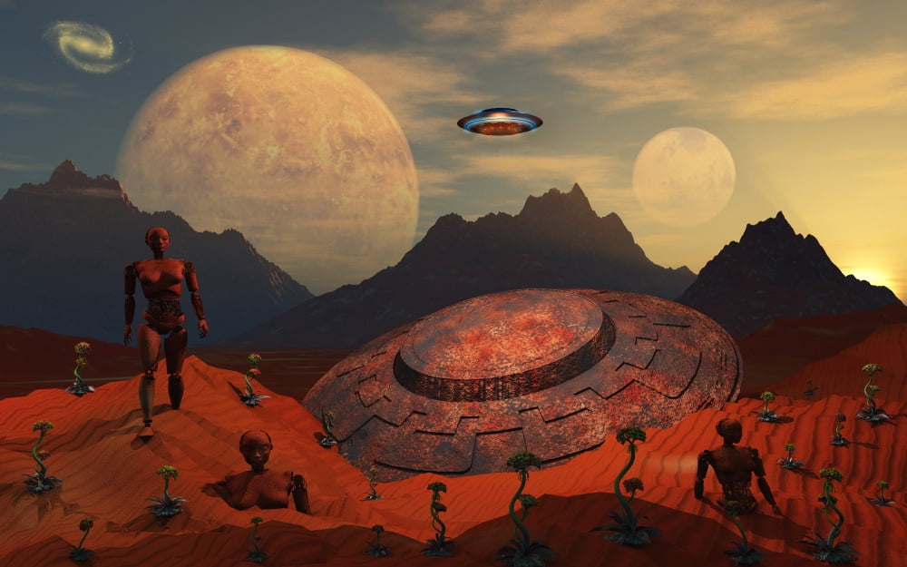 An alien flying saucer comes across the crash site of one of its sister ships Canvas Art - Mark StevensonStocktrek Images (36 x 23)