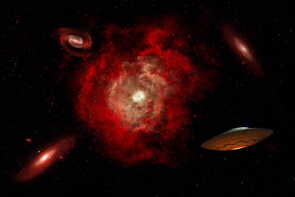 An alien flying saucer traveling through the vastness of outer space Canvas Art - Mark StevensonStocktrek Images (35 x 24)