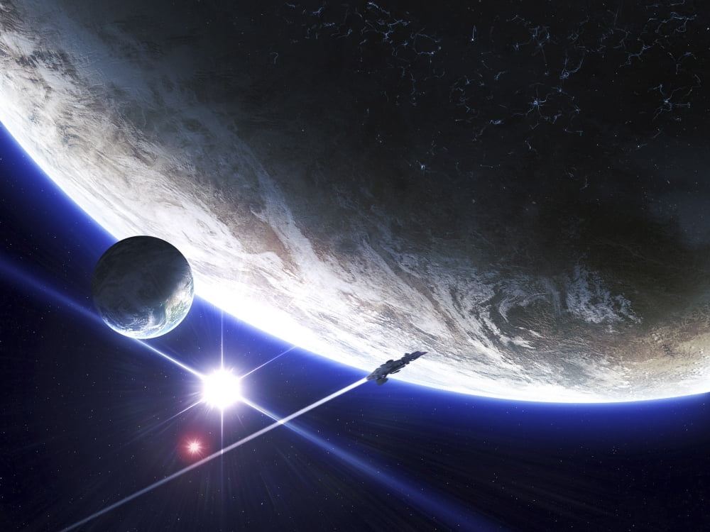 An alien patrol zooms by over their home planet Canvas Art - Kevin LafinStocktrek Images (17 x 13)