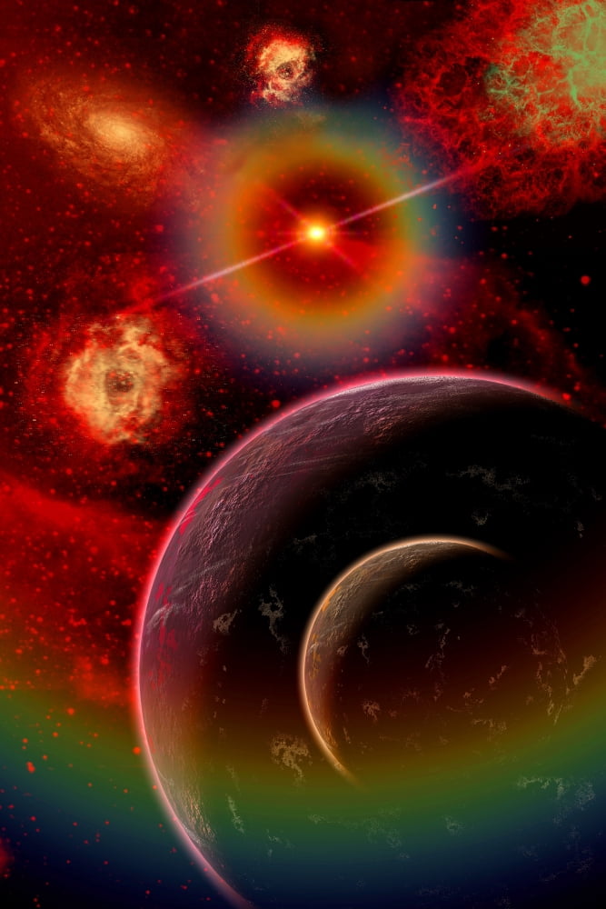 An alien planet and its moon illuminated by the glow of nebula gas clouds Canvas Art - Mark StevensonStocktrek Images (23 x 35)