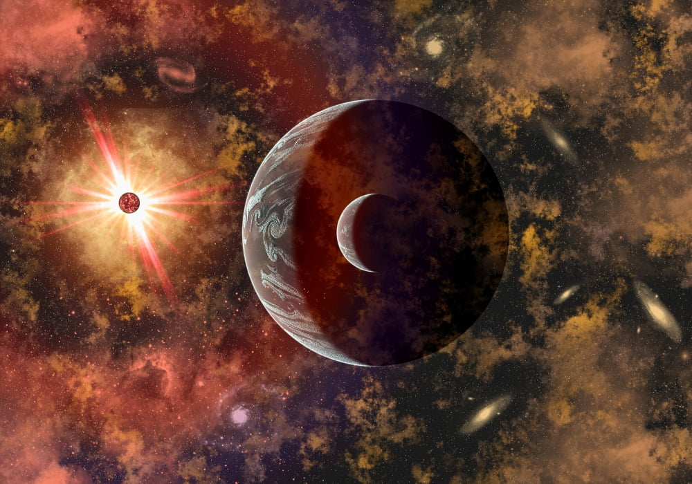 An alien planet and its moon in orbit around a red giant star Canvas Art - Mark StevensonStocktrek Images (17 x 12)