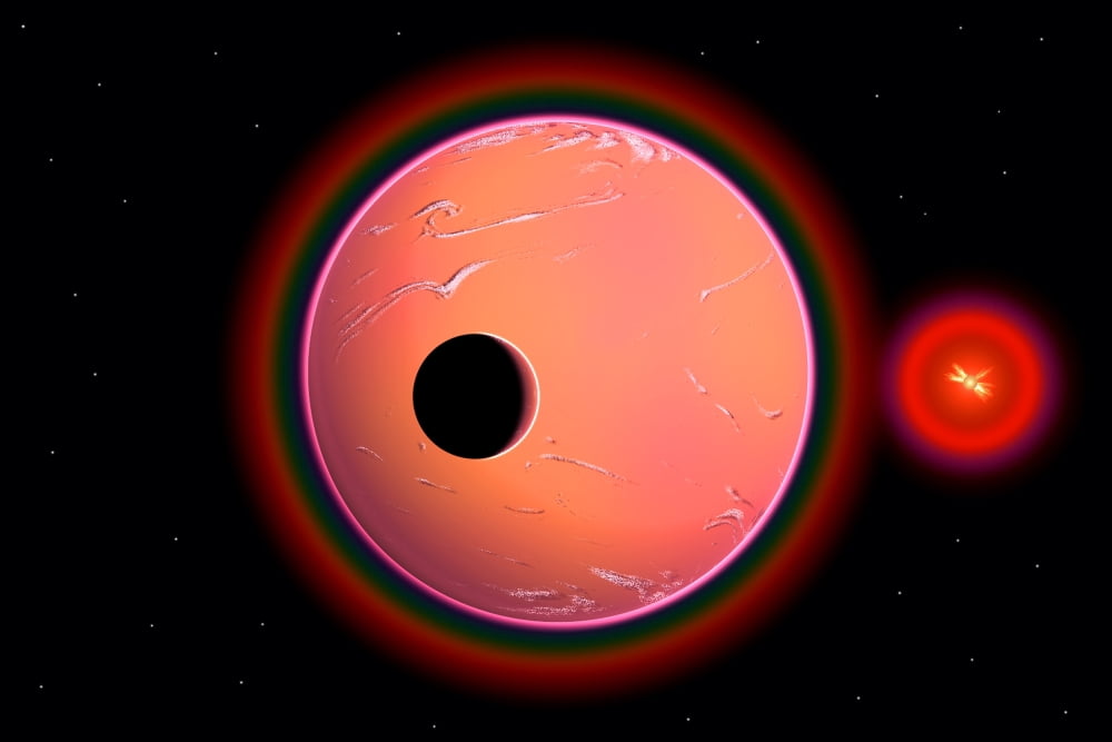 An alien planet and its moon in orbit around a red giant star Canvas Art - Mark StevensonStocktrek Images (35 x 24)