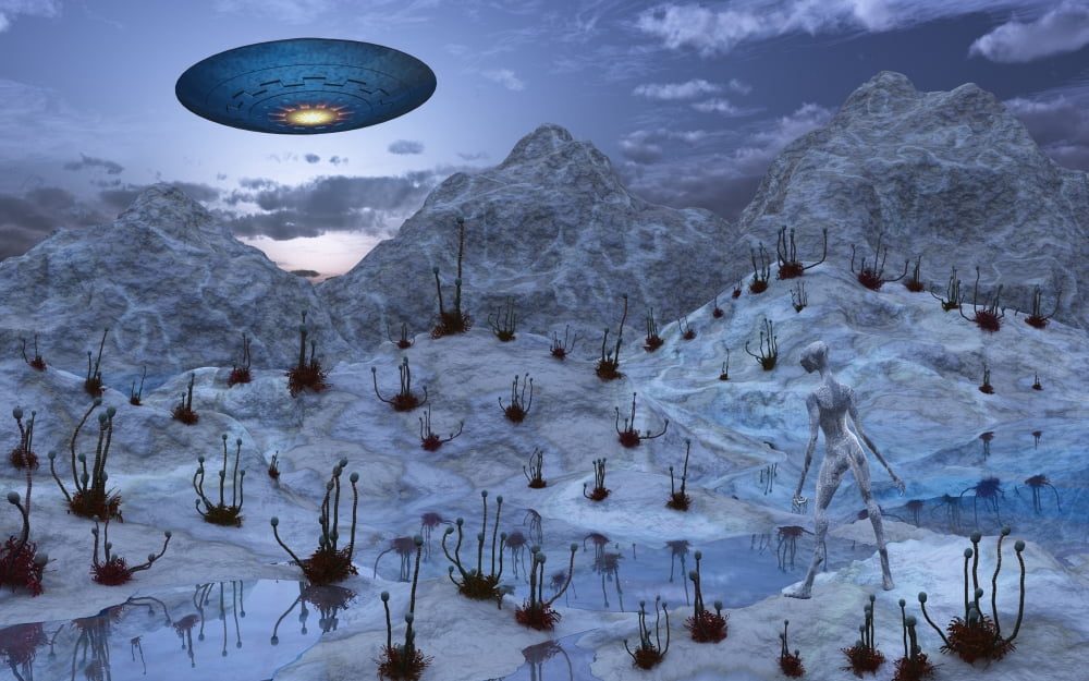 An alien reptoid being signaling a flying saucer on its home planet Canvas Art - Mark StevensonStocktrek Images (18 x 12)