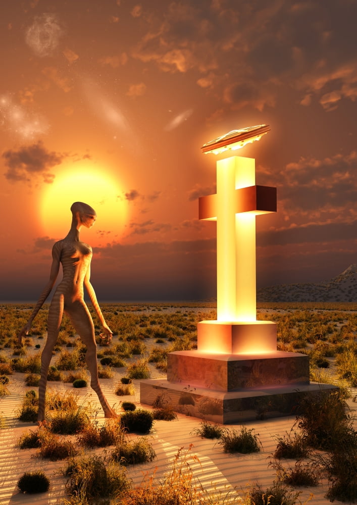 An alien returning to the famous crash site in Roswell New Mexico Canvas Art - Mark StevensonStocktrek Images (12 x 17)