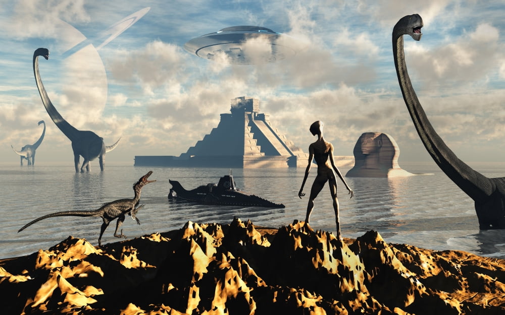 An alien world where reptoid beings co-exist with dinosaurs Canvas Art - Mark StevensonStocktrek Images (36 x 23)