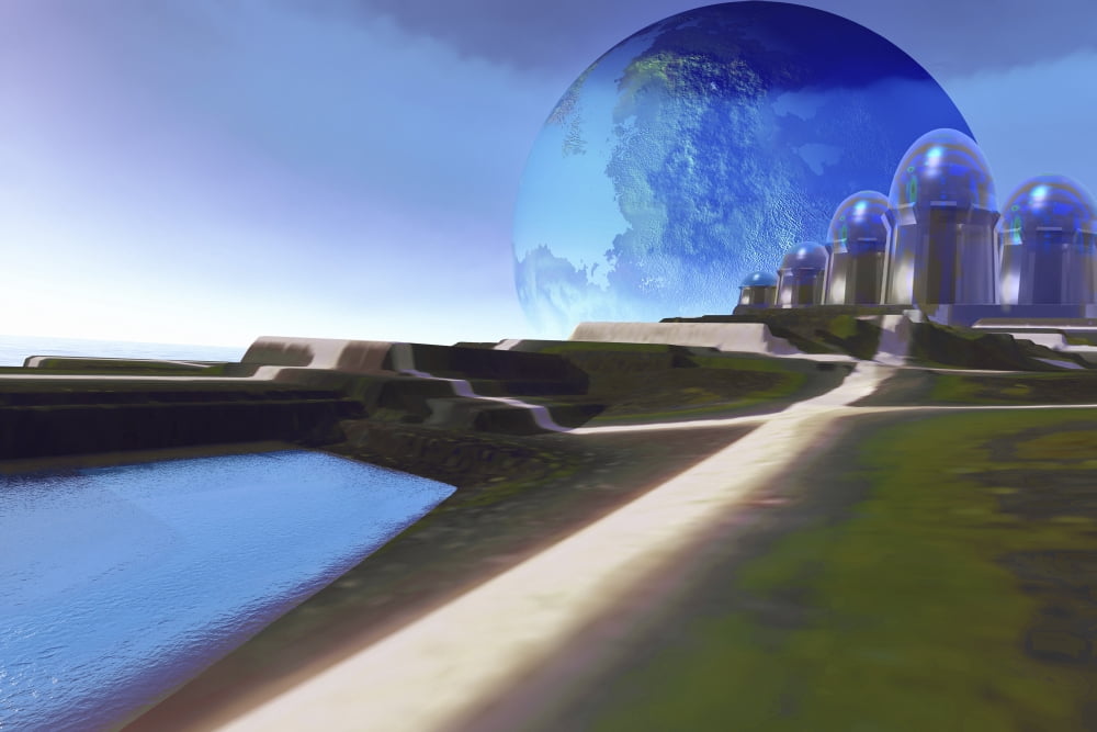 An alien world with strange architecture and a beautiful planet in its sky Canvas Art - Corey FordStocktrek Images (18 x 12)