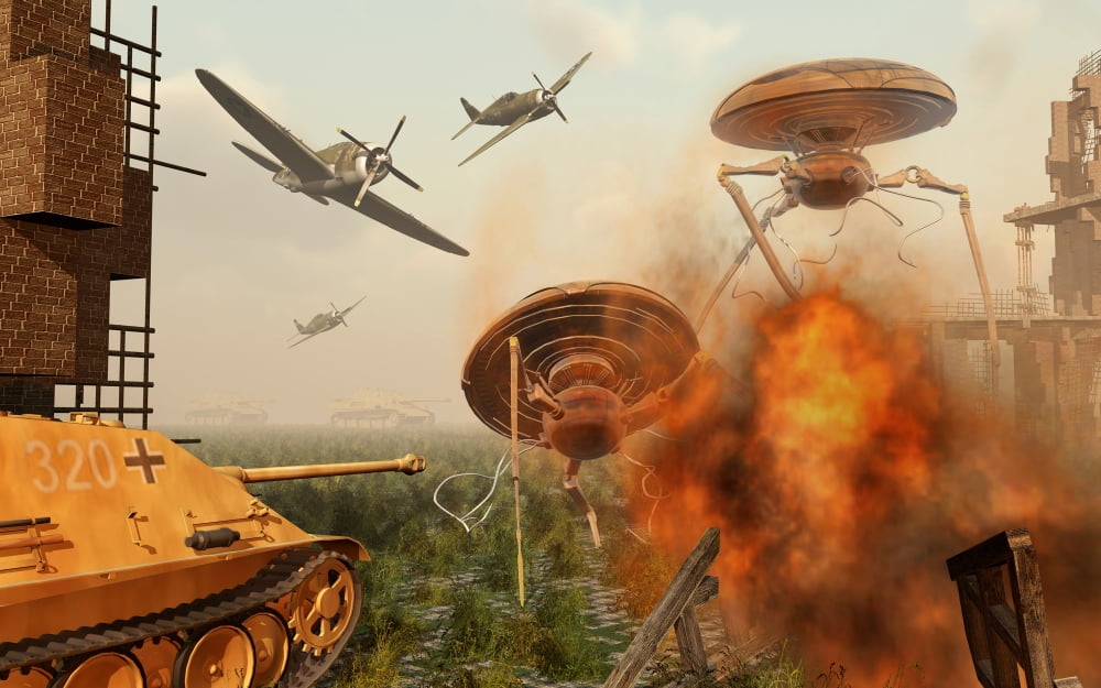 An alternate reality where Allied and German Forces unite in fighting an alien invasion Canvas Art - Mark StevensonStocktrek Images (18 x 12)