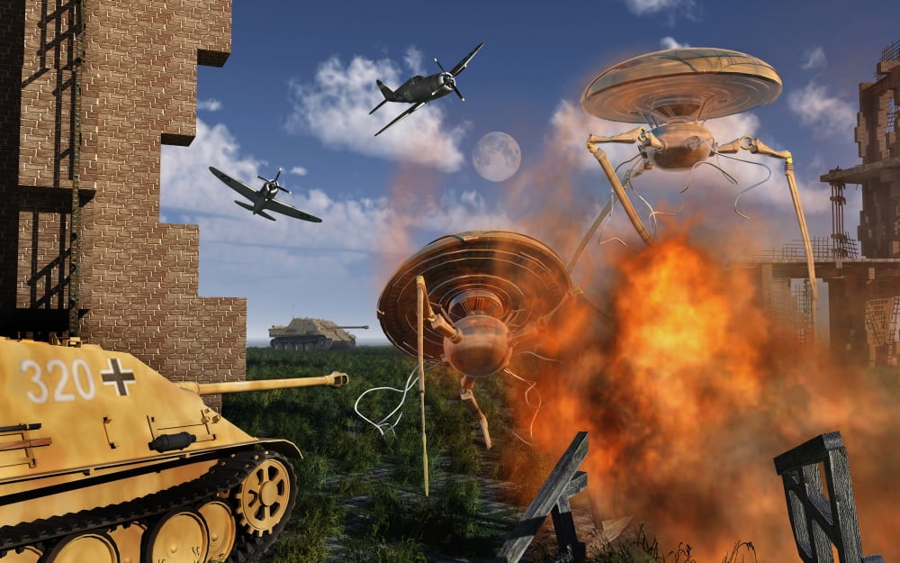 An alternate reality where Allied and German Forces unite in fighting an alien invasion Canvas Art - Mark StevensonStocktrek Images (36 x 23)