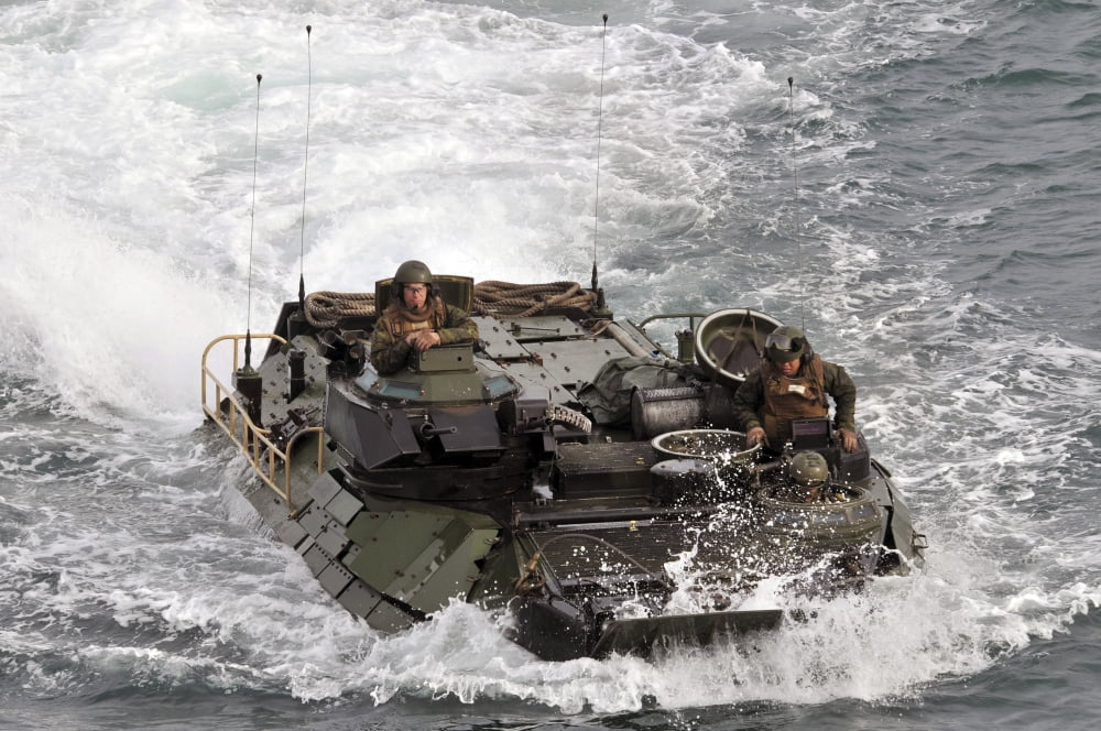 An amphibious assault vehicle approaches the well deck of USS Kearsarge Canvas Art - Stocktrek Images (35 x 23)