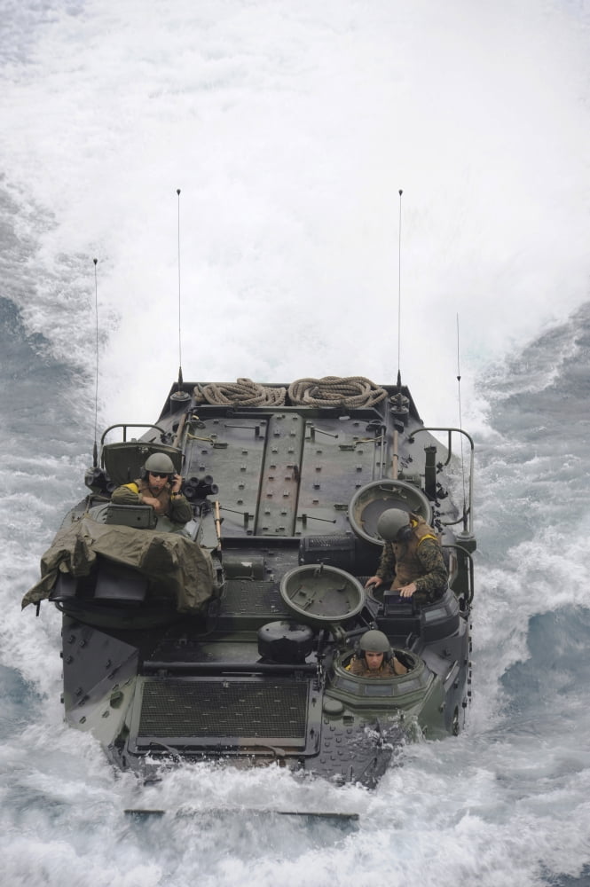 An amphibious assault vehicle approaches the well deck of USS Makin Island Canvas Art - Stocktrek Images (23 x 35)