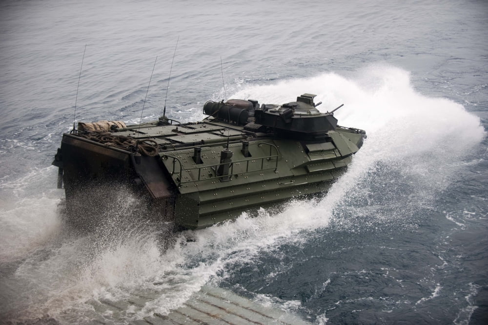 An amphibious assault vehicle departs the well deck of USS New Orleans Canvas Art - Stocktrek Images (35 x 23)