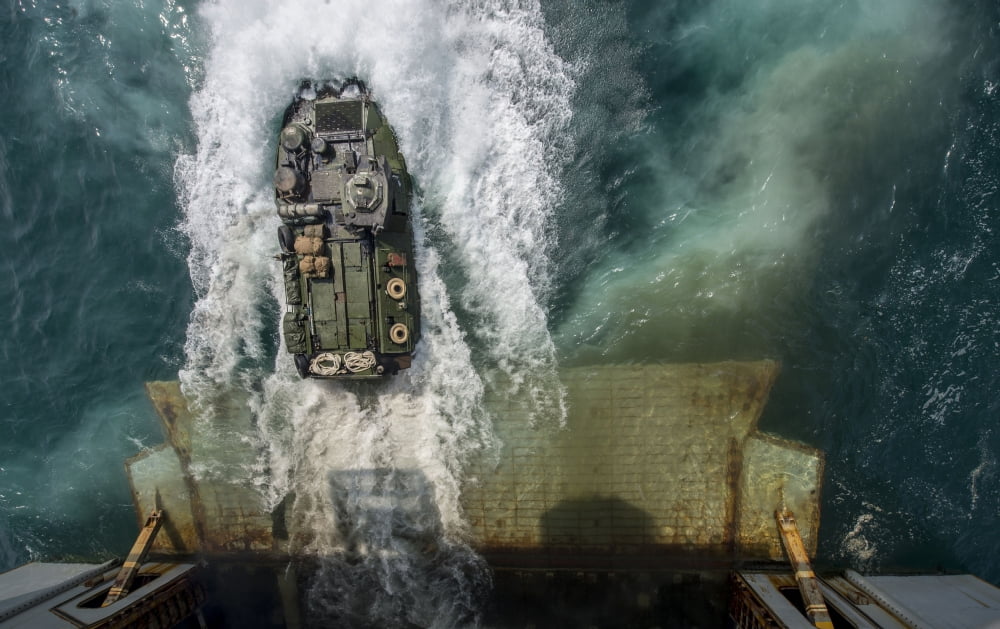 An amphibious assault vehicle exits the well deck of USS Bataan Canvas Art - Stocktrek Images (35 x 22)