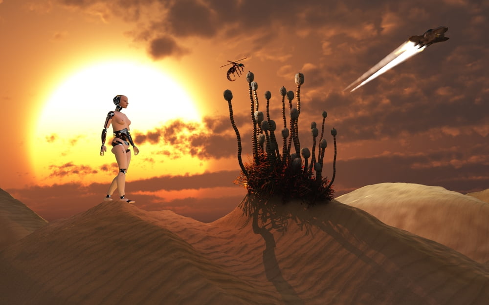 An android harvesting a rare plant on a desert alien world Canvas Art - Mark StevensonStocktrek Images (18 x 12)