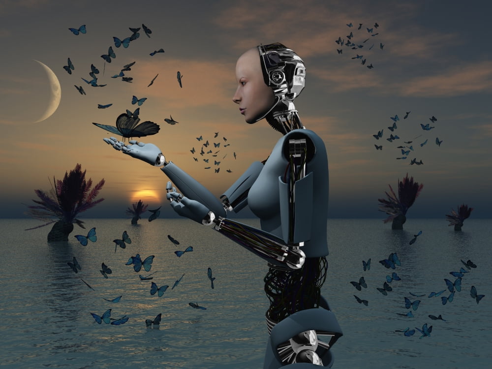 An android takes a closer look at a butterfly Canvas Art - Mark StevensonStocktrek Images (33 x 25)