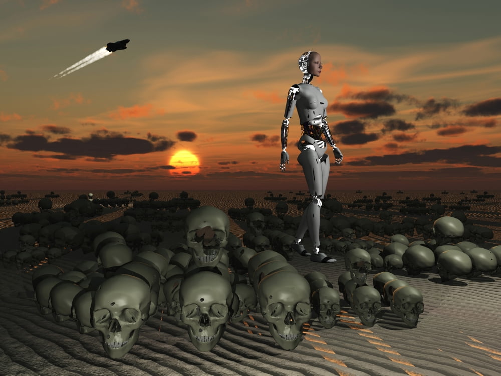 An android walks amongst a pile of skulls on the planet Earth Canvas Art - Mark StevensonStocktrek Images (33 x 25)