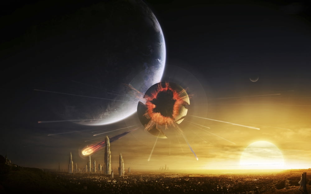 An apocalyptic scene showing a gravity caused destruction of a moon Canvas Art - Tobias RoetschStocktrek Images (18 x 12)