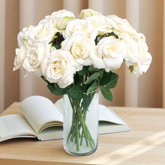 An artificial rose: a deep red rose with a realistic stem, suitable for DIY wedding bouquets, party decorations, baby showers, and home decor.