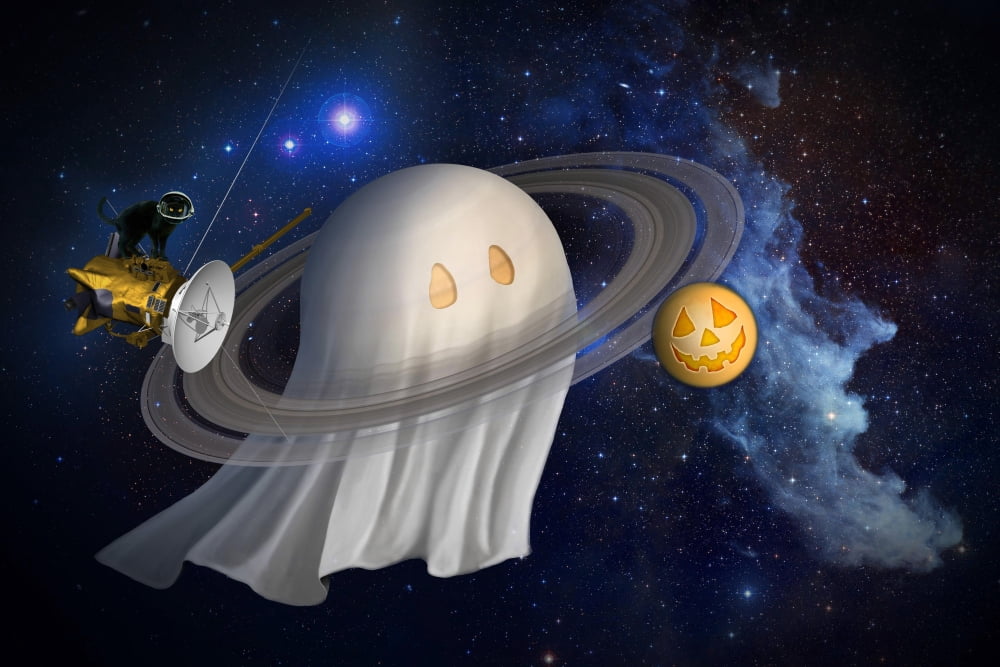 An artists Halloween illustration of Cassini and Saturn Canvas Art - Stocktrek Images (34 x 23)