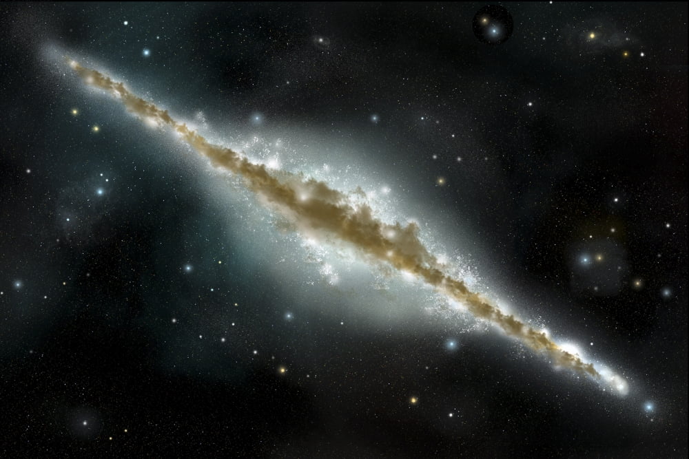 An artists depiction of a large spiral galaxy viewed from edge on Canvas Art - Marc WardStocktrek Images (35 x 23)