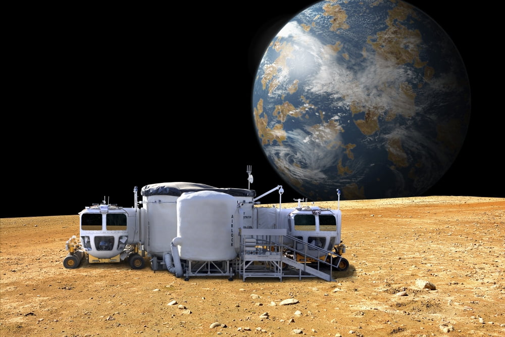 An artists depiction of a lunar base on a barren moon Canvas Art - Marc WardStocktrek Images (17 x 12)