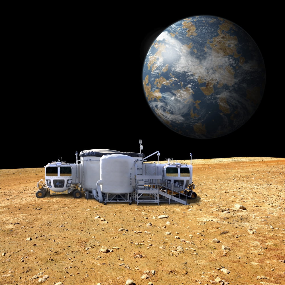 An artists depiction of a lunar base on a barren moon Canvas Art - Marc WardStocktrek Images (29 x 29)