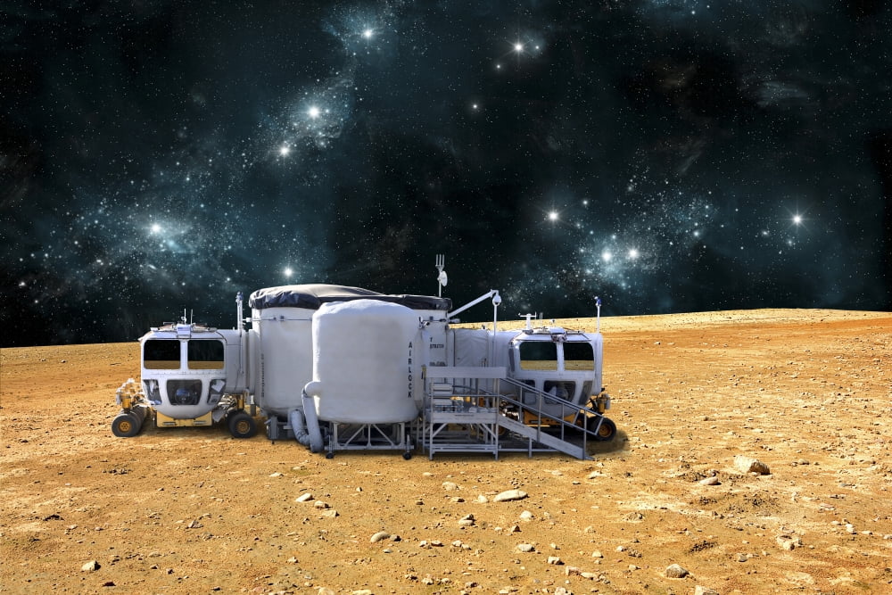 An artists depiction of a planetary base on a barren world Canvas Art - Marc WardStocktrek Images (34 x 23)