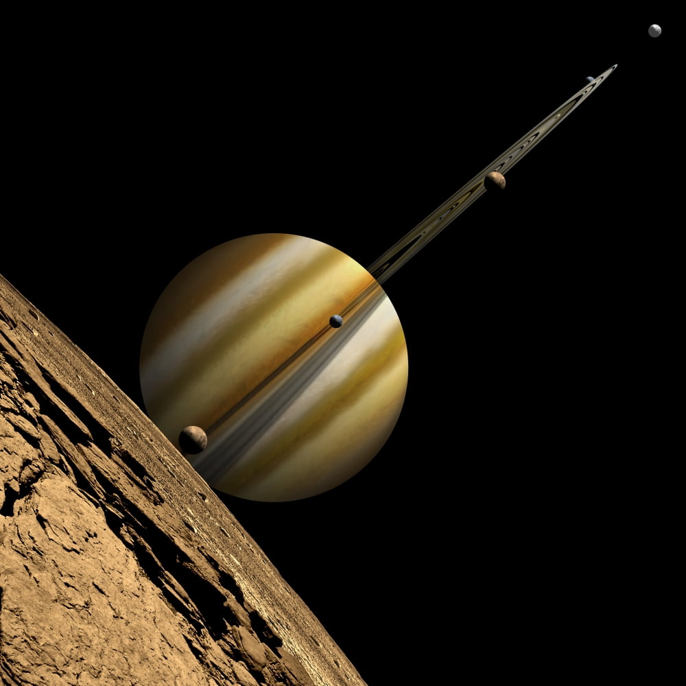 An artists depiction of a ringed gas giant planet with six moons Canvas Art - Marc WardStocktrek Images (29 x 29)