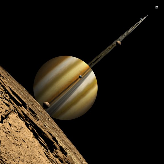 An artists depiction of a ringed gas giant planet with six moons Canvas Art - Marc WardStocktrek Images (29 x 29)