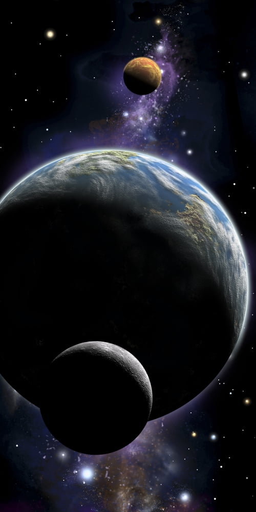 An artists depiction of an Earth type world with two orbiting moons Canvas Art - Marc WardStocktrek Images (20 x 40)