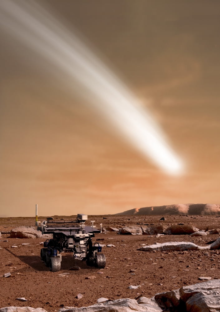 An artists depiction of the close pass of comet C2013 A1 over Mars Canvas Art - Marc WardStocktrek Images (12 x 17)