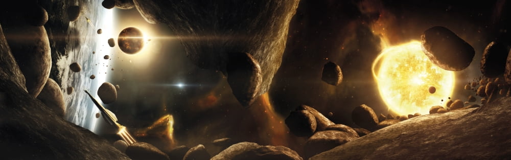 An asteroid field next to an Earth-like planet in a dual-star system Canvas Art - Tobias RoetschStocktrek Images (25 x 8)