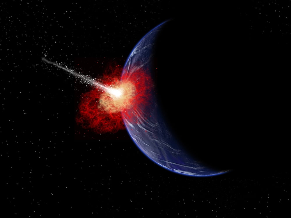 An asteroid hitting planet Earth Canvas Art - Mark StevensonStocktrek Images (33 x 25)
