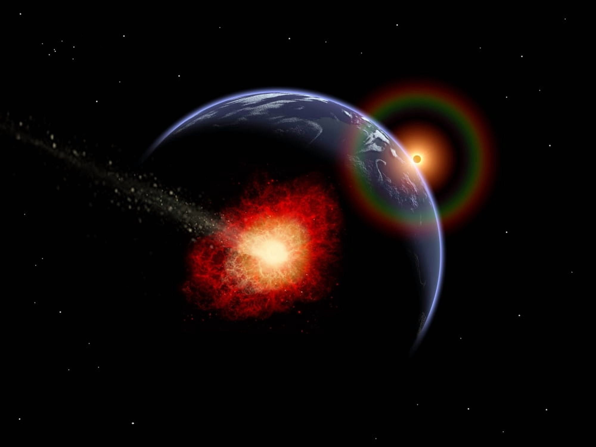 An asteroid hitting the Earth during prehistoric times Canvas Art - Mark StevensonStocktrek Images (17 x 13)