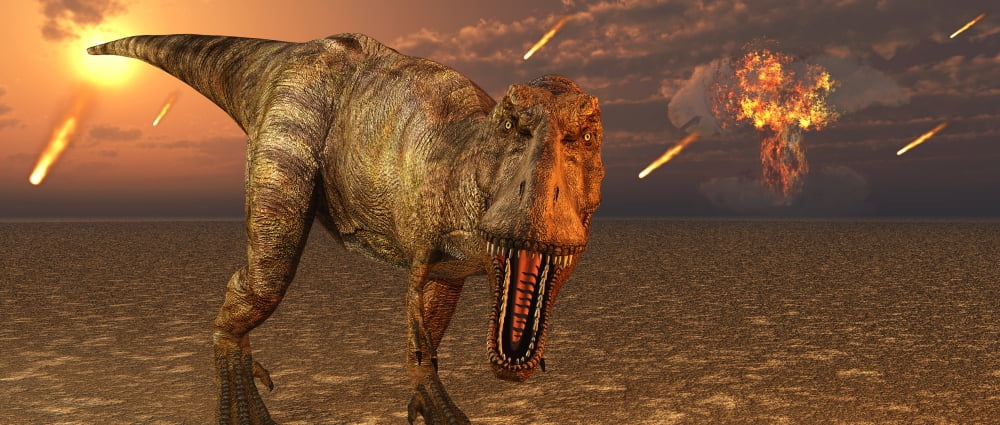 An asteroid hitting the Earth marking the end of T-rex and all dinosaurs Canvas Art - Mark StevensonStocktrek Images (22 x 10)