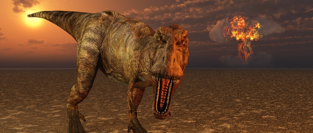 An asteroid hitting the Earth marking the end of T-rex and all dinosaurs Canvas Art - Mark StevensonStocktrek Images (43 x 19)