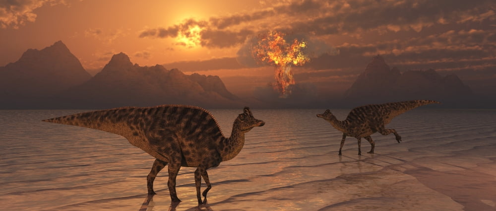An asteroid hitting the Earth marking the end of Velafrons and all dinosaurs Canvas Art - Mark StevensonStocktrek Images (43 x 19)