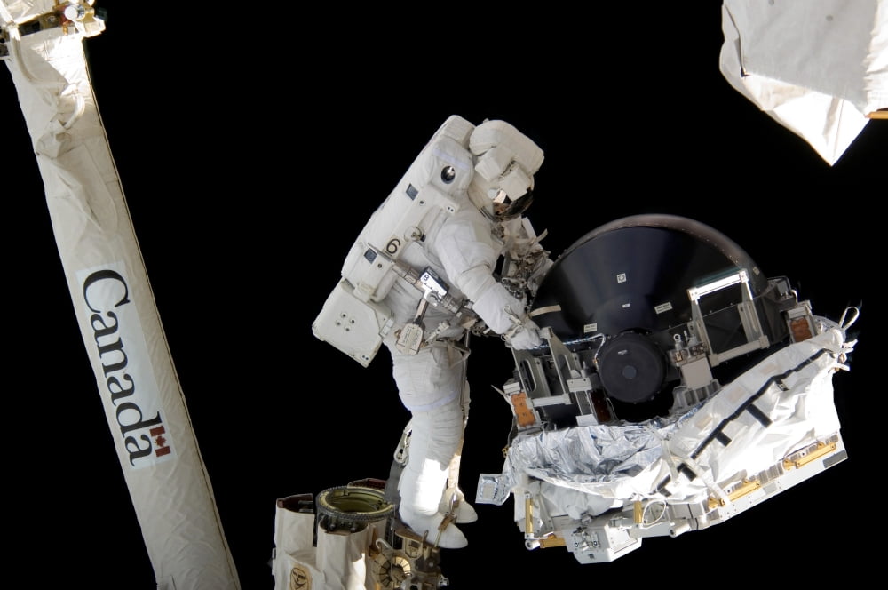 An astronaut anchored to the foot restraint on the Canadarm2 Canvas Art - Stocktrek Images (34 x 23)