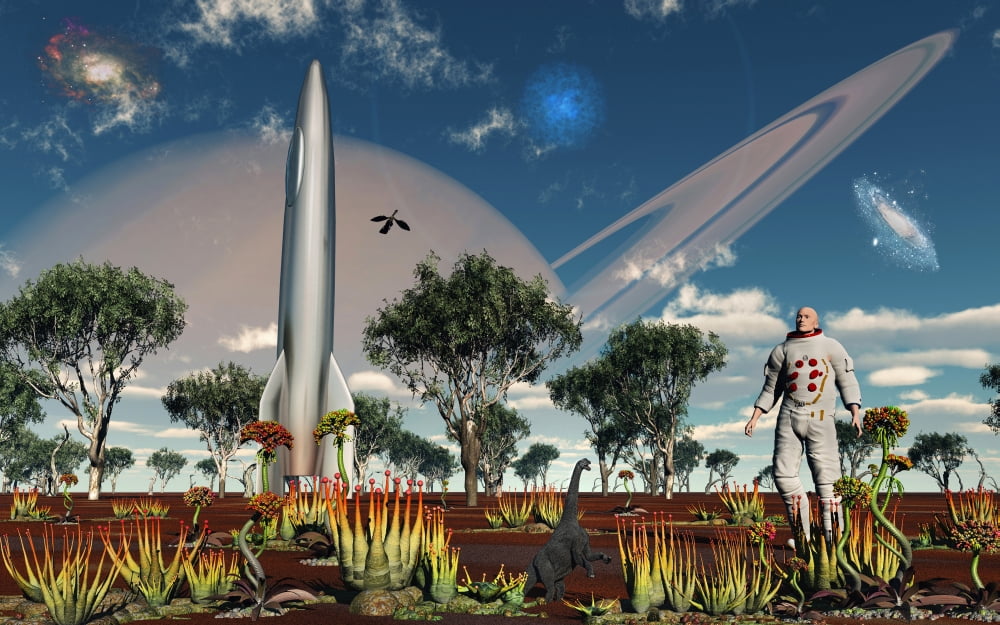 An astronaut discovers a world with an Earth type environment Canvas Art - Mark StevensonStocktrek Images (18 x 12)