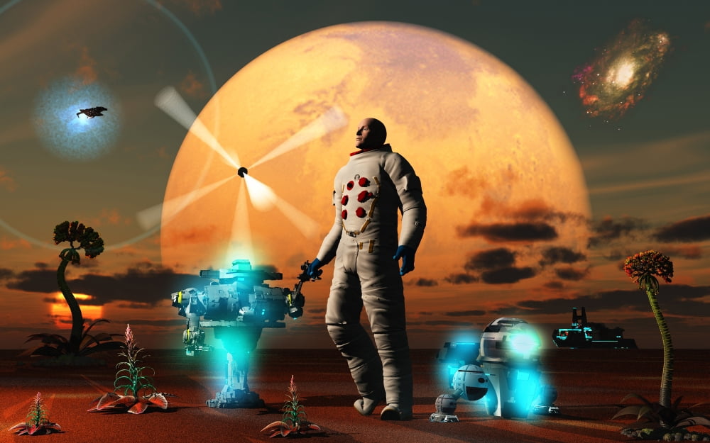 An astronaut discovers a world with an Earth type environment Canvas Art - Mark StevensonStocktrek Images (36 x 23)