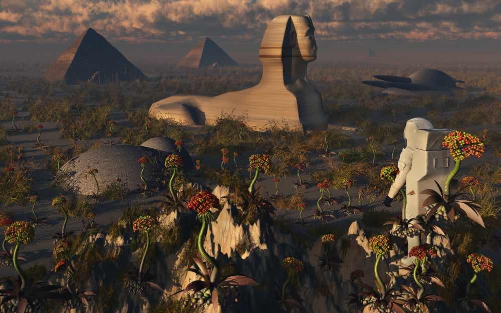 An astronaut explorer comes across familiar structures on an alien landscape Canvas Art - Mark StevensonStocktrek Images (18 x 12)