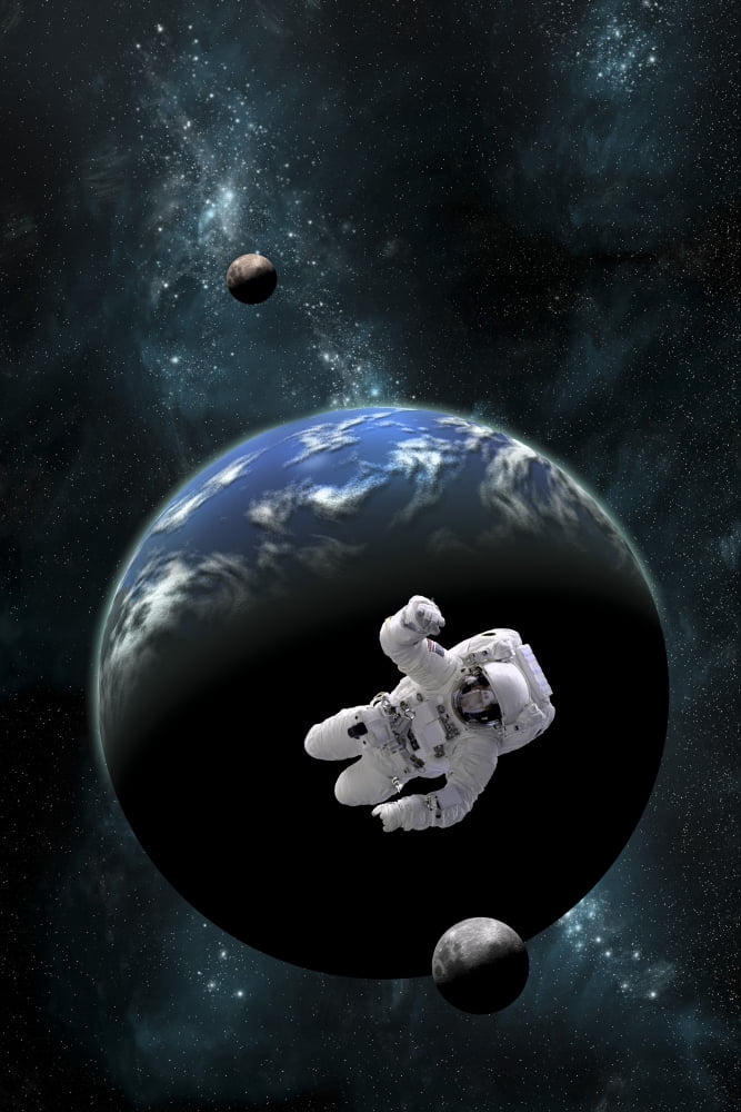 An astronaut floating in front of a water covered world with two moons Canvas Art - Marc WardStocktrek Images (23 x 35)