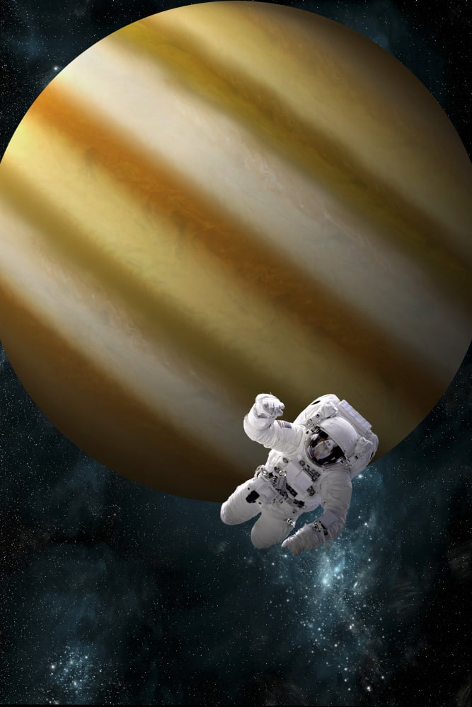 An astronaut floating in space in front of a Jupiter-like planet Canvas Art - Marc WardStocktrek Images (24 x 35)