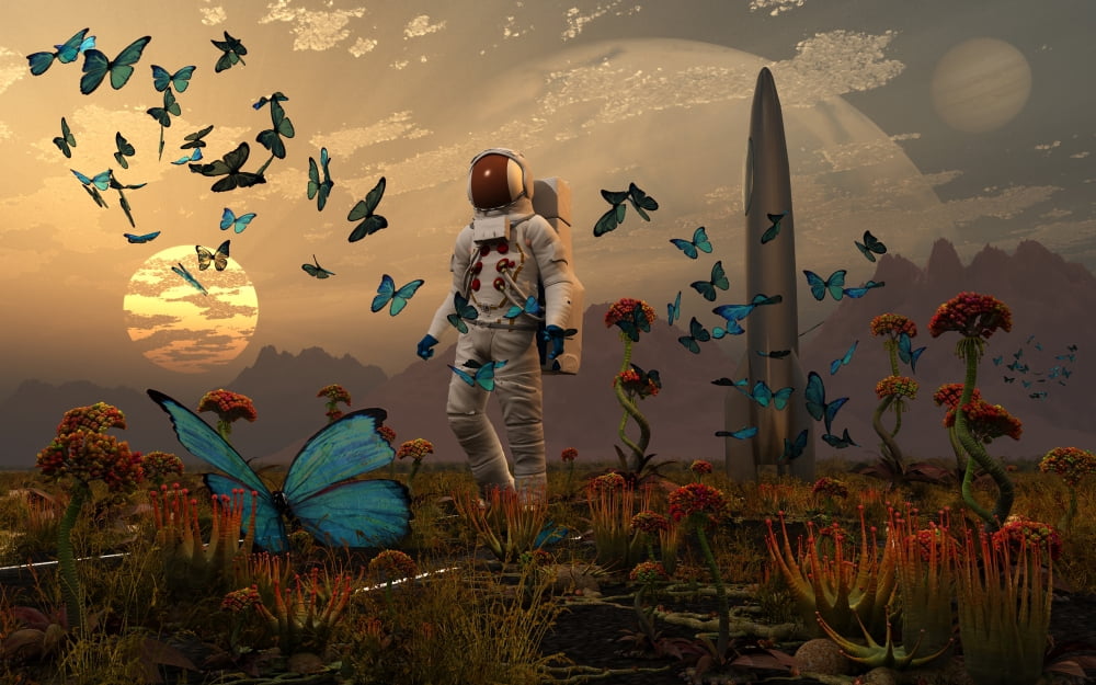 An astronaut is greeted by a swarm of butterflies on an alien world Canvas Art - Mark StevensonStocktrek Images (18 x 12)