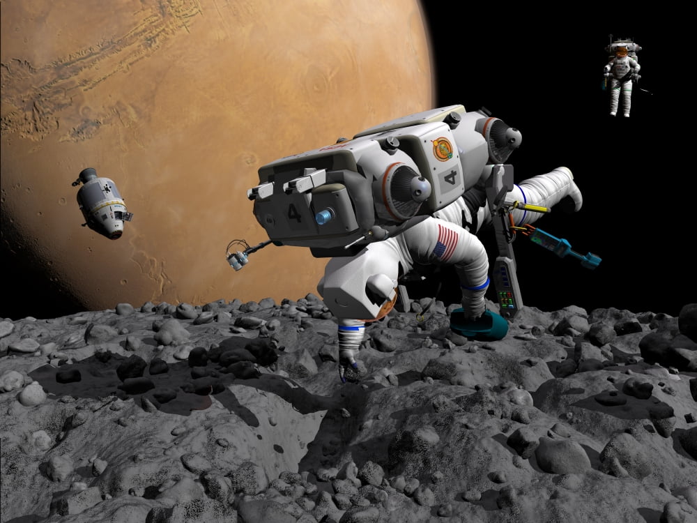 An astronaut makes first human contact with Mars moon Phobos Canvas Art - Walter MyersStocktrek Images (17 x 13)